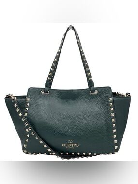 Valentino Garavani Small Rockstud Trapeze Green Pebbled Leather Tote Bag